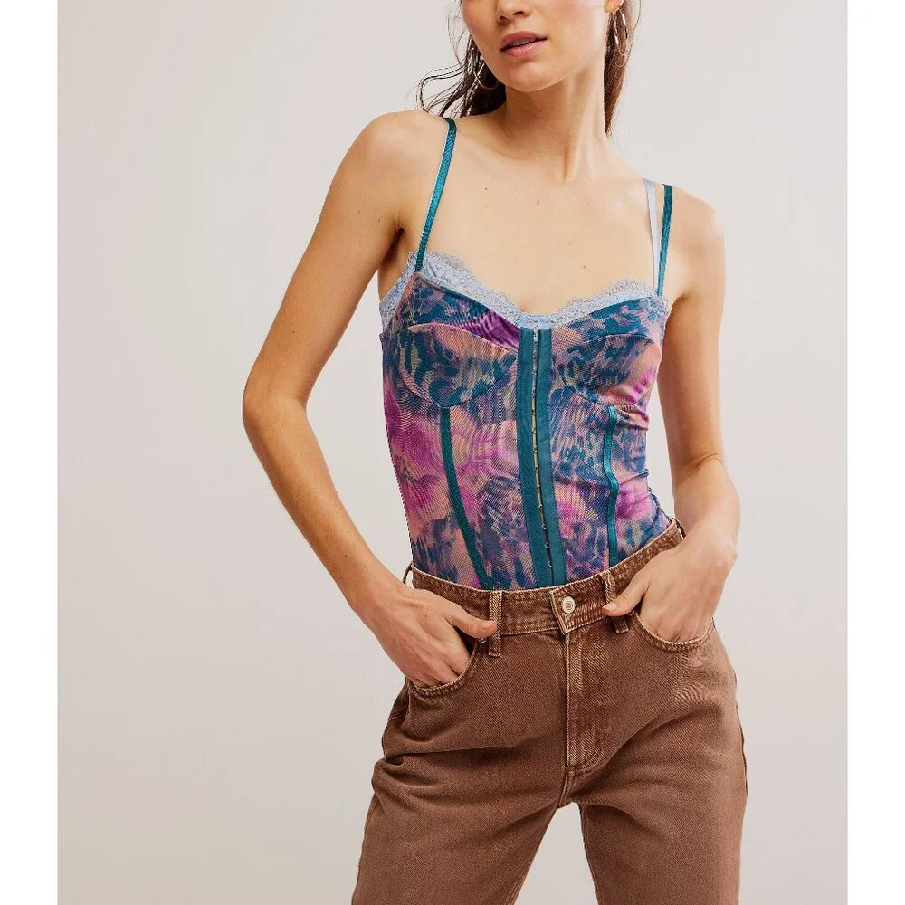 Free People Teal Night Rhythm Green Lace-Print Bodysuit - like new